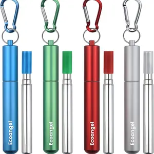 Cruise Ship Essentials,4-Pack reusable Collapsible Stainless Steel Drinking Straws with Aluminum Case,Cleaning Brush,and Keychains-Silver,Blue,Red,Green