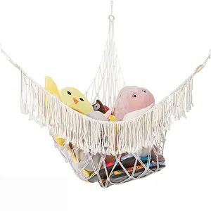 Boho macrame stuffed animal hammock | Hanging toy storage net with tassels | Kids’ room organizer for plush toys | Triangular wall hanging net for nursery