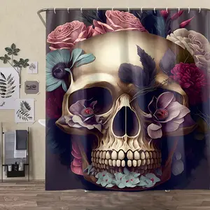 Skull Head Pattern Shower Curtain Set with Rug, Non-Slip Bath Mat, U-Shaped Toilet Lid Cover Pad, Bathroom Decor with Hooks