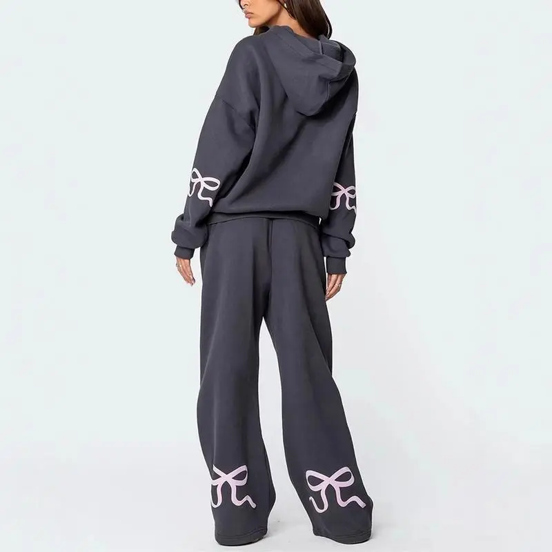 Women's 2 Piece Outfits Bow Trim Print Hoodie Sweatsuit Sets Oversized Sweatshirt Wide Leg Sweatpants With Pockets