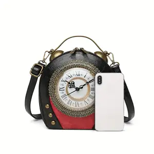Vintage Steampunk Clock Purse - Gothic Red & Black Crossbody Bag with Adjustable Strap, Battery-Powered Novelty Handbag for Women, Statement Piece | Gothic Design Bag | Intricate Clockwork, Gothic Purse