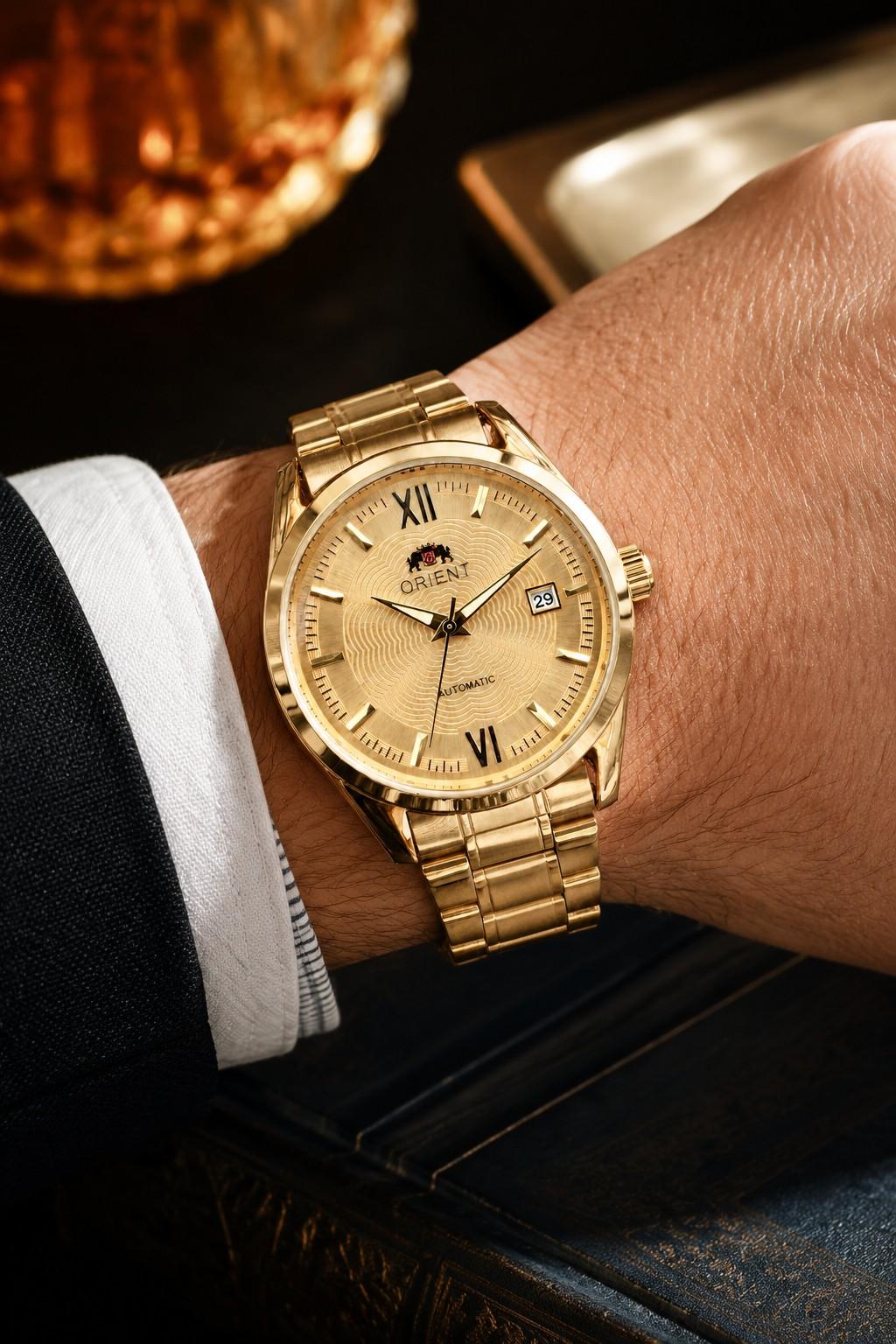 Orient Full Gold Automatic Mechanical Men's Watch - Gold Stainless Steel Strap, Textured Golden Dial with Roman Numerals & Date Window, Self-Winding Waterproof Business Dress Watch, Luxury Timepiece, Ideal Birthday Gift for Gentlemen