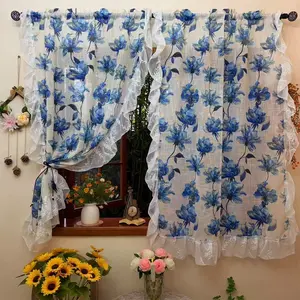 Vintage Rustic Floral Linen Blend Home Decoration Curtain with Ruffled Design, Breathable Semi-Sheer Panel for Small Windows in Bedrooms & Guest Rooms
