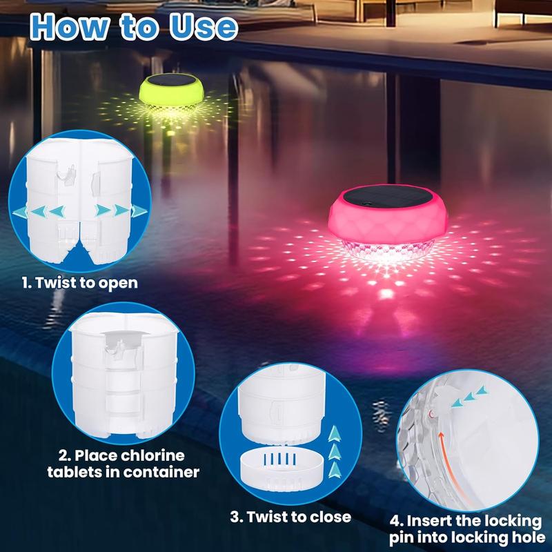 Pool Chlorine Floater with Solar Light, Chlorine Tablet Floater for Pool Fit 1" and 3" Tablets, Floating Chlorine Dispenser with Remote and Adjustable for Pool  Hot Tub