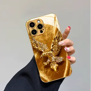 High-end Fashion Luxury Gold Eagle Pattern Electroplated Glass Phone Case Suitable for iPhone 17, 16, 15, 14, 13, 12, 11, Pro Max, Plus, Pro, 16E, and 17 Air Models, Phone Accessories, Various Models Available for Gift Recommendations, High-end Phone Acce