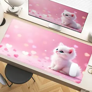 Desk Pad Cute White Cat Romantic Pink Heart Dreamy Mouse Pad XXL Mouse Pad For Laptop Desk Mouse Pad Extra Large With Non-Slip Rubber Base Stitched Edges Surface For PC Gamers Office Workers & Home Use Perfect Valentine Gift, Cute Desk Accessories