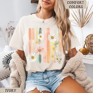 Aesthetic Floral Brushstroke Shirt, Vintage Botanical Wildflower Graphic Tee, Trendy Cottagecore Spring Flower Top, Retro Boho Pastel Floral Apparel, Ivory Comfort Colors Top