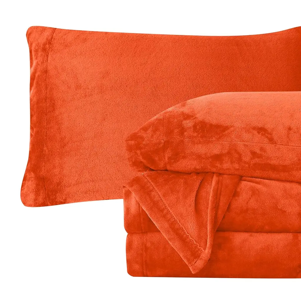 Elegant Comfort Luxuriously Soft 4-Piece Velvet Plush Flannel Sheet Set - Premium Quality - Cozy Warm, Anti-Static, Non Pilling Fuzzy Velvet Flannel Fleece Deep Pocket Sheet Set - Twin XL, Orange