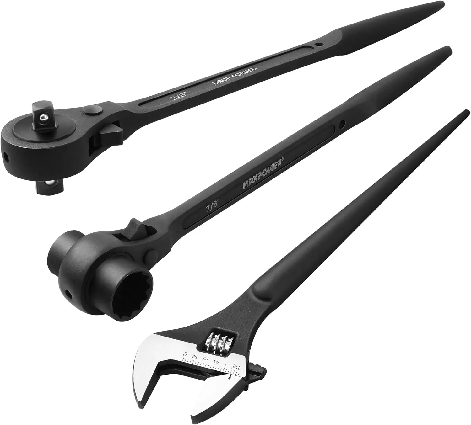 MAXPOWER 3PCS Spud Ratchet Wrench Set, Dual Socket Scaffold Wrench with 3/4" x 7/8" and 1/2" x 3/8" Ratchet Heads