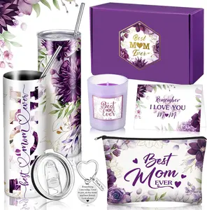 6 Pcs Mother's Day Gifts Set for Mom Wife Best Mother Ever Gift Ink Floral 20oz Cosmetic Bag Scented Candle Keychain from Son Daughter for Birthday(Elegant,Purple)