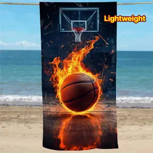 1PC Basketball Themed Beach Towel, Flaming Basketball  Court Pattern, Quick-Drying Lightweight  Durable, Suitable for Beach, Pool, Camping  Travel, Modern Style Printed Rectangular Towel, Poolside Accessory