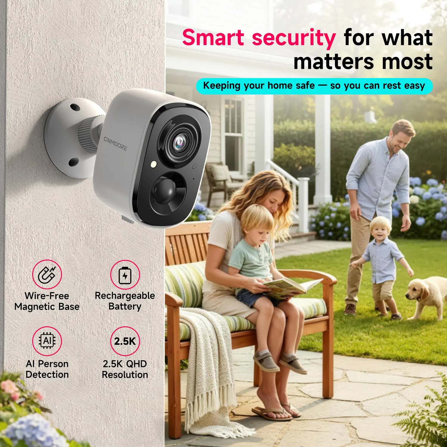 CINMOORE Outdoor/Indoor Magnetic wireless Camera 2.5K free install Smart Garage Security Camera – HD Video, Full-Color Night Vision, Motion Detection, Magnetic, Wi-Fi, Two-Way Audio, Smartphone Control Lens