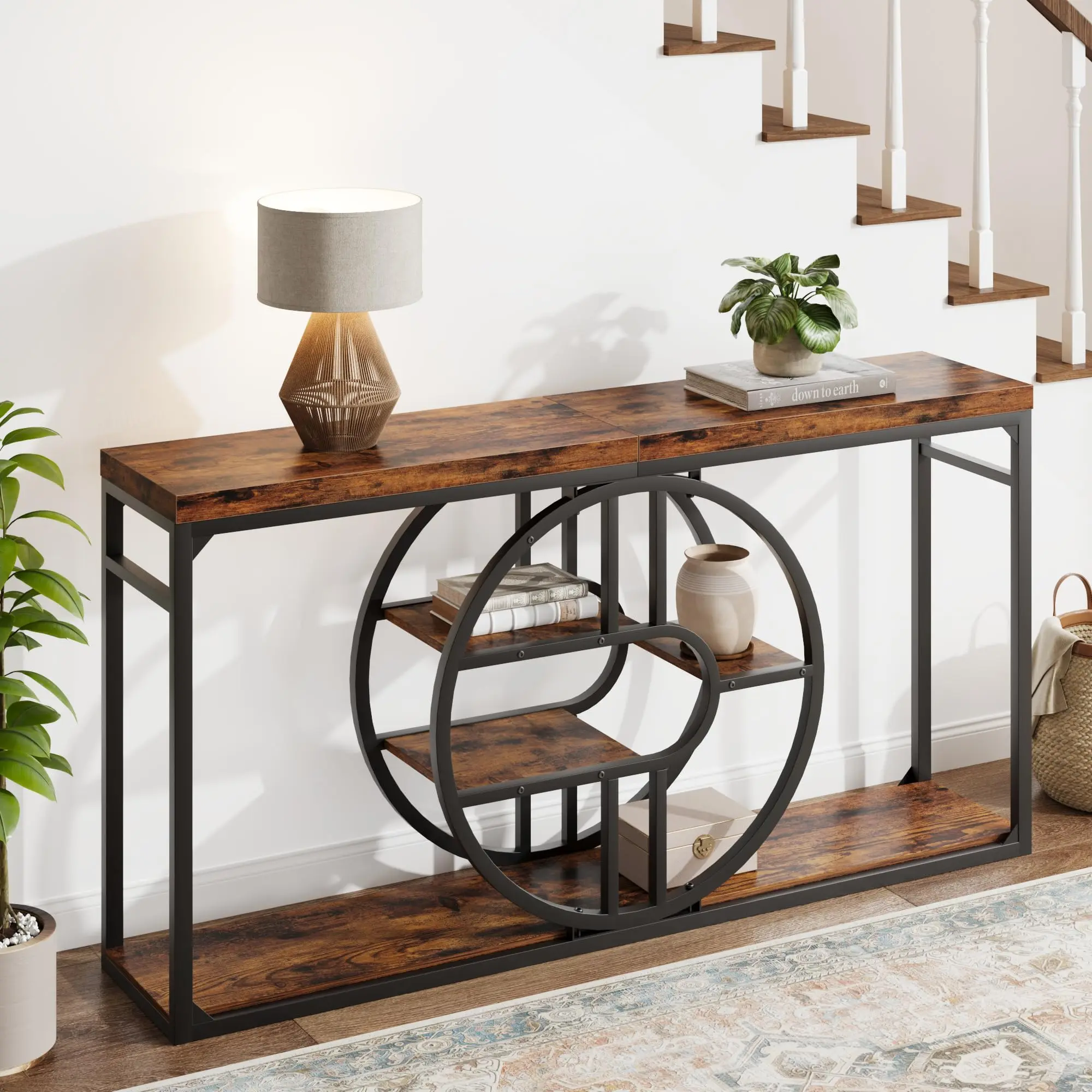 Garvee 55" Entryway Table, 5-Tier Console Tables for Entryway, Industrial Sofa Tables with Storage for Living Room, Entry Hallway Couch Entrance Table with o-Shaped Metal Frame & Storage Shelves