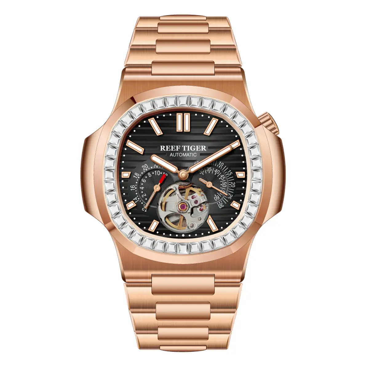 REEF TIGER Men's Business Casual Square Automatic Mechanical Watch - Automatic Movement, 30M - 50M Waterproof, Sapphire Crystal, Luminous, Stainless Steel Strap, Clasp, Analog-Digital Fashion All-Match Wristwatch, Square Face, 44Mm, Male Watch, Business L