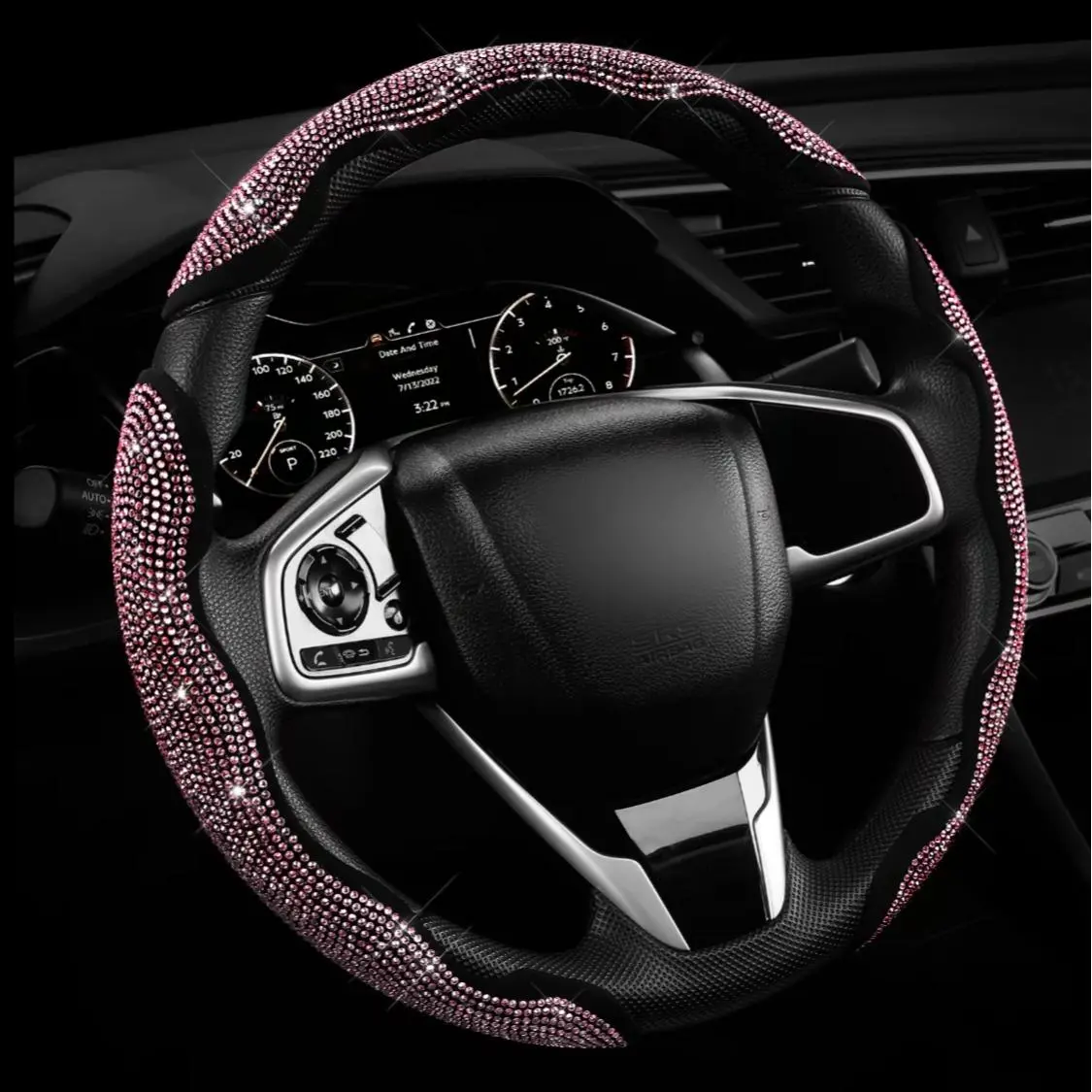 【Black Cat Crown】 Rhinestone Bling Steering Wheel Cover - Steering Wheel Wrap, Girly Sparkling Diamond Bling, Secure Grip, Universal Fit for 99% of Vehicles, Enhances Driving Experience, Women's Car Interior Decor Accessory for Daily Drive, Pink Steering
