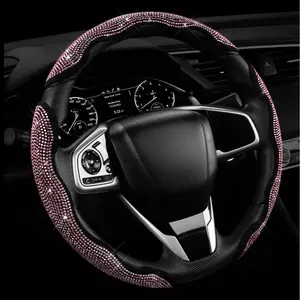 Girly Sparkling Diamond Bling 3-Piece Genuine Nappa Leather Steering Wheel Cover, Non-Slip Comfort Grip, Ultra-Thin Breathable Modern Design, Universal All-Season Fit for 99% of Vehicles, Unisex Black Gift (Girly Car Accessories, Accessories for Car)