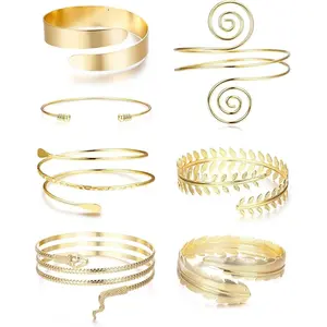 CASSIECA 7-Count Adjustable Upper Arm Cuff Bracelet Set, Minimalist Simple Coil Bangle for Women, Daily Jewelry Accessory