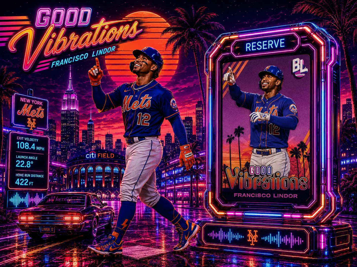 2024 Topps Big League Sunset Raw Baseball Trading Card - Francisco Lindor, New York Mets Good Vibrations GV-31 Inserts Collectible