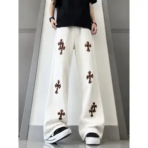 Men’s white wide-leg denim pants — straight-leg jeans with leopard cross patchwork, Y2K street style, casual loose fit