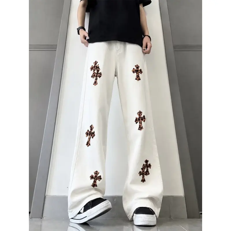 Men’s white wide-leg denim pants — straight-leg jeans with leopard cross patchwork, Y2K street style, casual loose fit