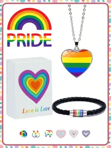 Pride Month Jewelry Gift Set, Unisex Rainbow Necklace and Bracelet, Magnetic Fashion Bracelets, Lgbt Theme, All Seasons, Elegant Box