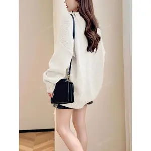 Women's Beige Simple Elegant Knit Cardigan Long Sleeve Button V Neck Drop Shoulder Regular Fit Loose Casual Tops