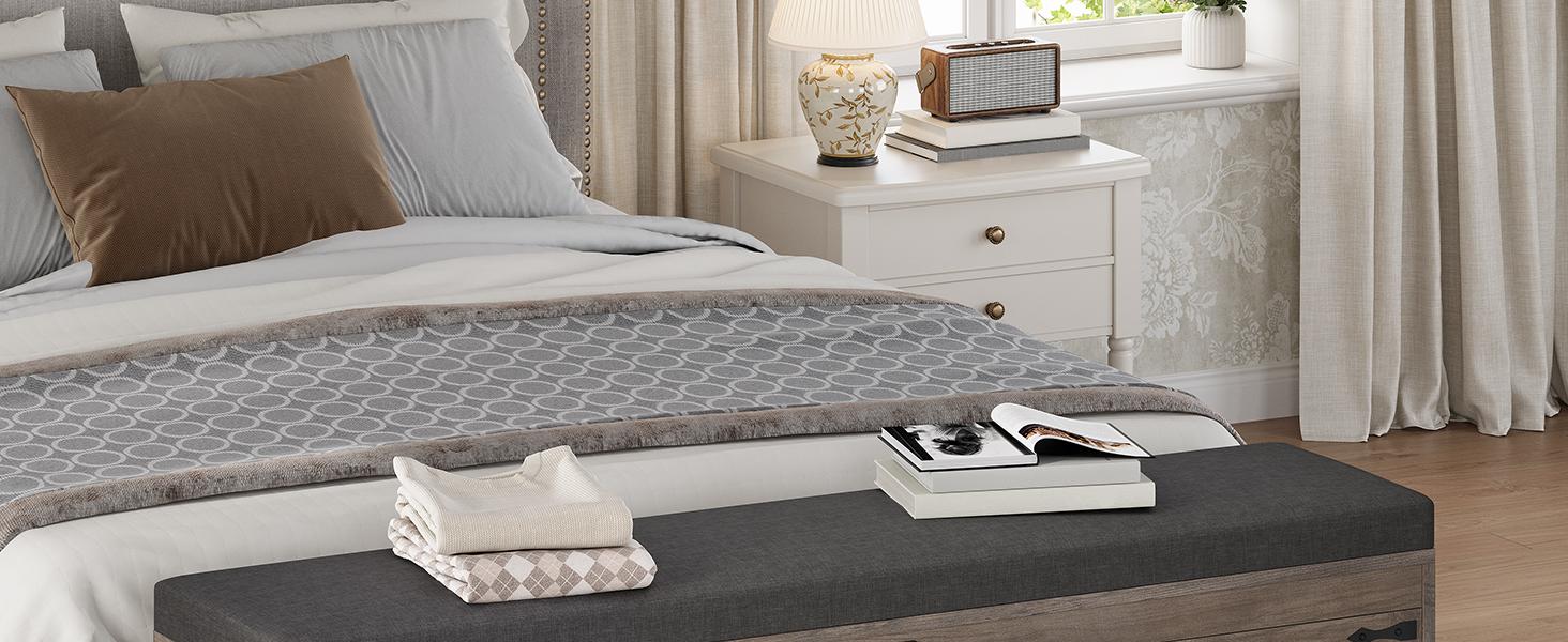 60-in Rectangular Farmhouse Engineered Wood Shoe Storage Bench - Deodorizing, Cushioned Seat, 4 Doors, Freestanding Hidden Rack, Adjustable Shelf, Gray, Entryway/Bedroom Use, Room Storage, Requires Assembly