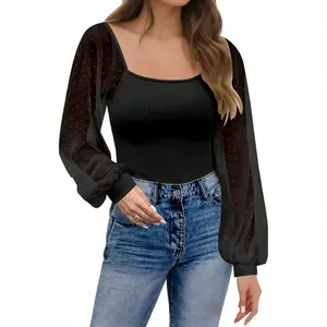 Solid Color Women's Mesh Patchwork Long Sleeve Shirt, Casual Puff Sleeve Top, Women's Ribbed Polka Dot Casual Fall Long Sleeve Top