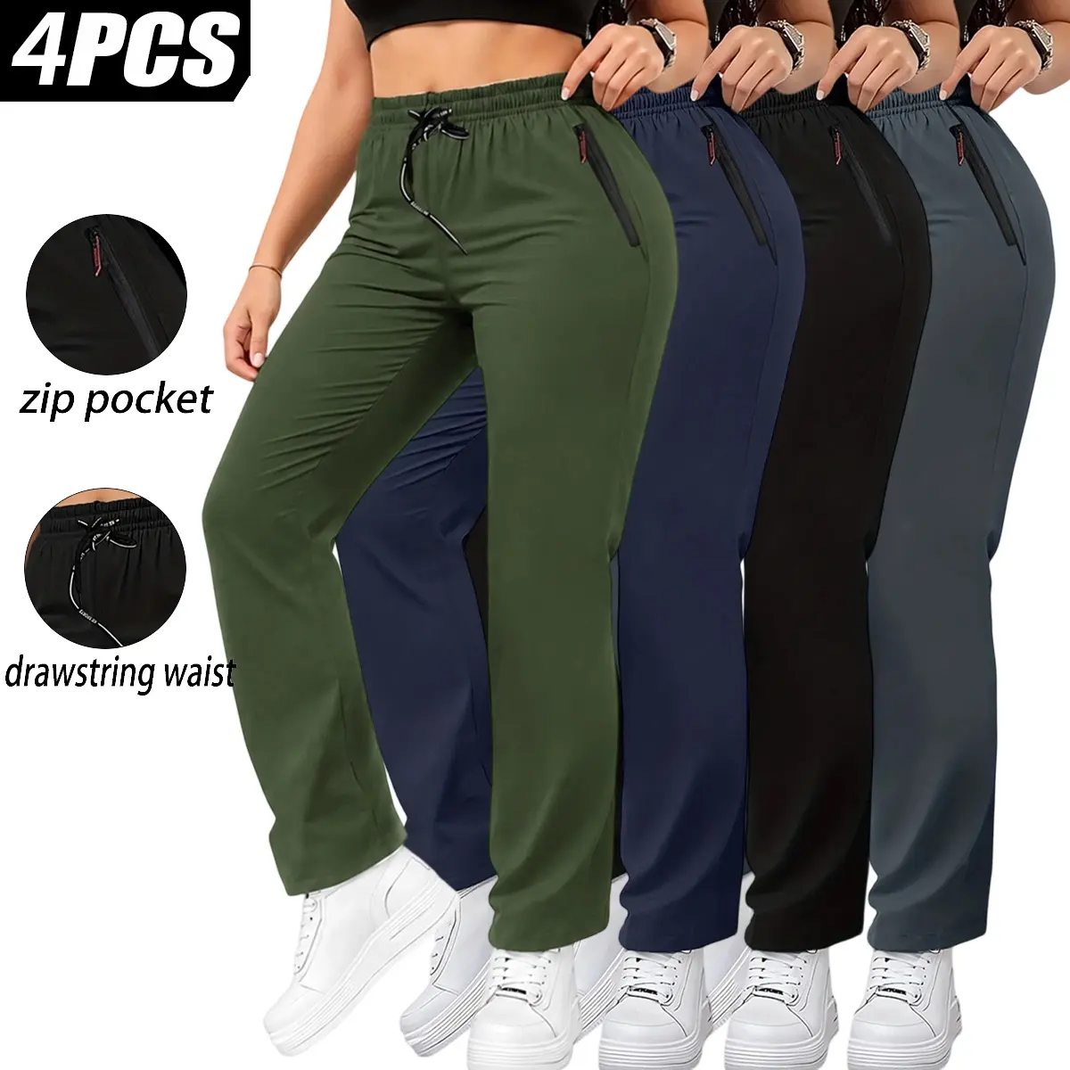 4-pack women’s cargo pants for spring/summer/autumn—lightweight, breathable long styles with an elastic waistband, drawstring, zippered pockets, and multiple pockets; suitable for outdoor workouts and everyday casual wear.