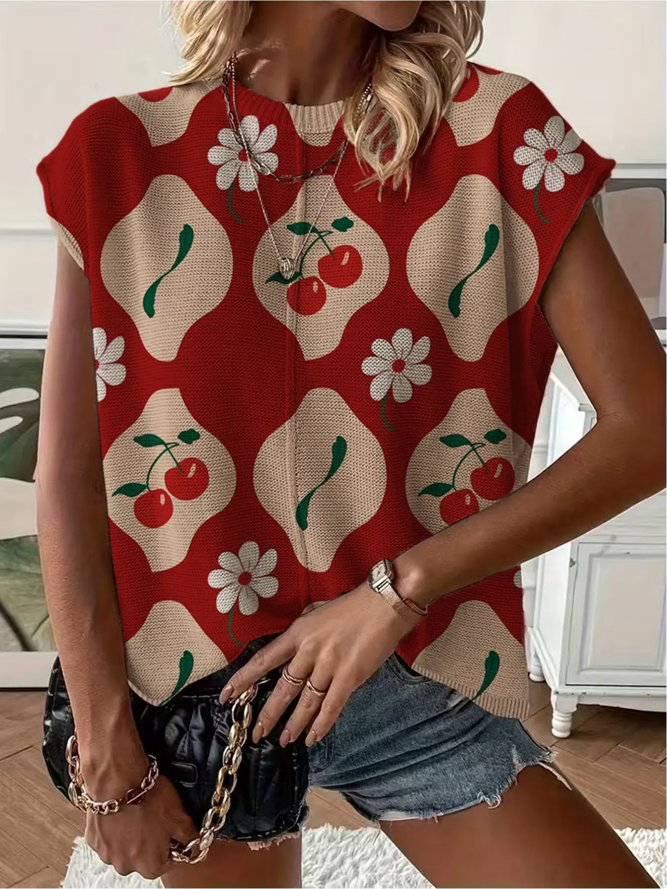 Spring/Summer collection, round neck raglan sleeves, loose fit, red cherry & floral print short-sleeve women's knit top, Knit Sweater Shirt, Vacation style, for commuting, bikini cover-up, Knitwear, Womenswear
