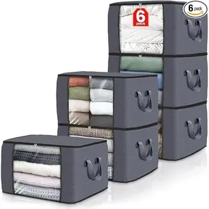 6-Pack Grey Foldable Thick Cloth Clothing Storage Bags with Handles, Travel Organizers for Bedroom Wardrobe, Window, Cabinet, Tool, Student Item Organization (Clothes, Bedding)