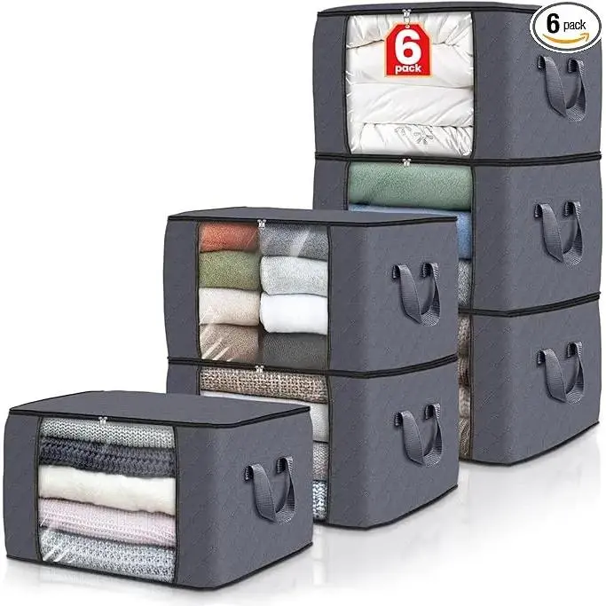 6-Pack Clothes Storage Bags, 60L Foldable Non-Woven Fabric Containers with Reinforced Handles and See-Through Window for Bedding Organization, Bedding Storage Bags, Clothes Storage Pouches