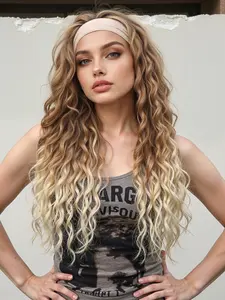 Headband Wig Long Wavy Body Wave Wig Headband Wigs, 180% Density Glueless Half Wig As Human Hair None Lace Front Wigs Wear and Go Synthetic Hair with Headband Attached