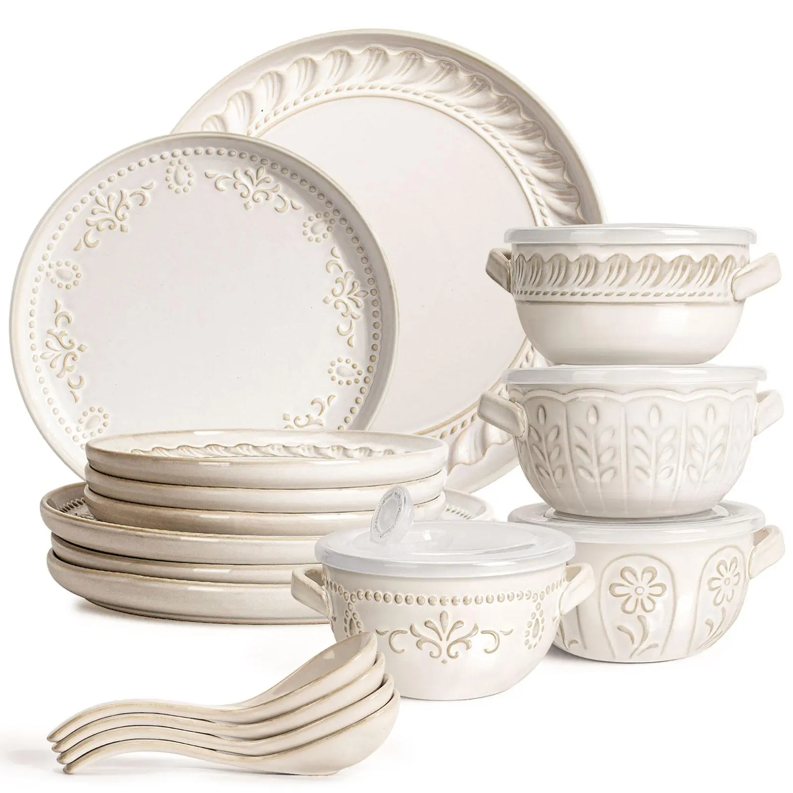 4-Piece 20oz Embossed White Ceramic French Onion Soup Bowls Set, Oven-Safe Tableware Crocks with Lids, Handles & Spoons for Chili, Stew, Dinner Bowls, Ceramic Food Bowl