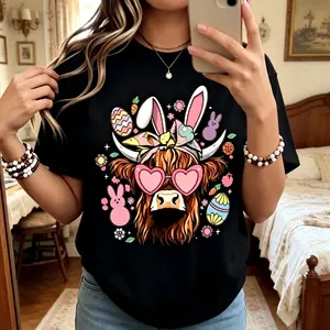 Funny Easter Bunny Highland Cow Women’s Tee | Spring Floral Cow Shirt#FarmAnimalEaster #WomenEasterShirt #EasterBunnyVibes #SpringFashion