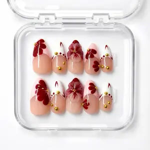Sugarcoat Nails Handcrafted Luxury Colorful Press-On Nails with 3D Art | Reusable & Sturdy, Glue Included - French Tip & Red Florals, Short Almond