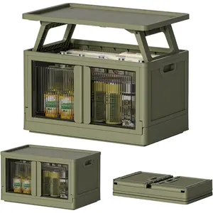 Outdoor Storage Box with Table Function, 100qt Foldable Trunk Organizing Box, Multifunctional Storage Container & Chuck Box for Picnic, Camping, Outdoor and Home woodstove popup camper