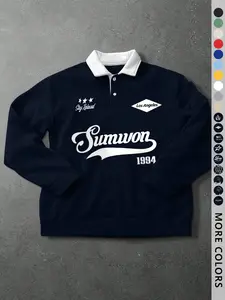 Men's Colorblock Collar Polo Shirt, Letter Print Long Sleeve Street Style Casual Fashion, Outdoor Sports Campus Youth