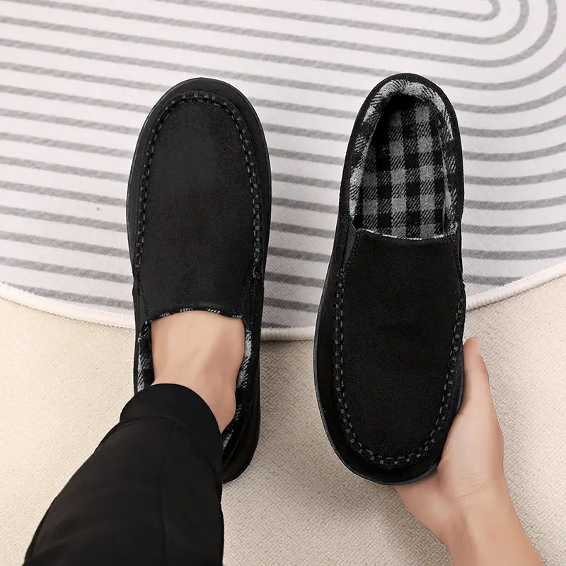 Men's Slide Slippers, 4-Season Soft Suede Upper, Plaid Lining, Comfortable Warm, Non-Slip Silent Sole, Simple Practical Design, Suitable for Home Leisure & Office Use