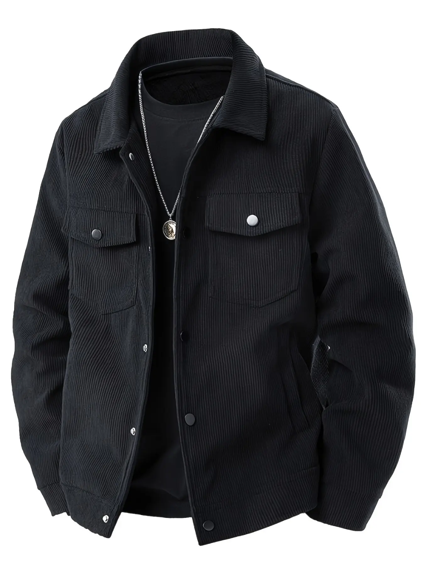 Men's Corduroy Cargo Fashion Jacket - Black, Multi-Pocket Design with Flap Pockets, Front Buttons, Long Sleeves, Casual Style, Machine Washable, Polyester, Solid Color Jackets