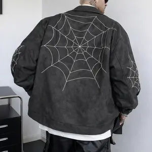 Men's Street Style Faux Suede Jacket with Spider Web Embroidery Dark Gothic Loose Letter Print Coat Trendy Streetwear Chest & Arm Design Full Back Pattern Unique Fashion