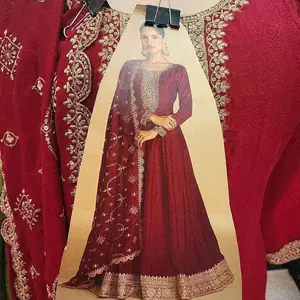 Partyware Long Anarkali Dress with Embroidery, 3/4 Sleeve, Plain Design, Suitable for All Seasons, Hand Wash Only - Casual, Womenswear