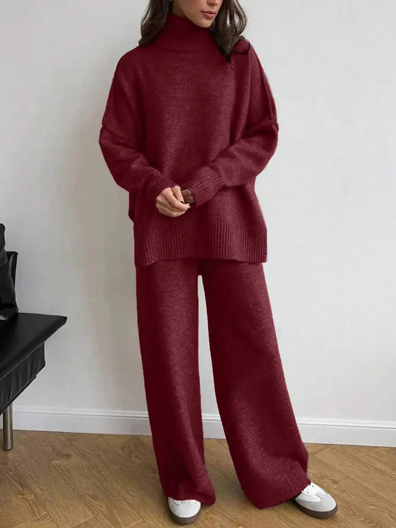 Women's 2 Pcs Solid Color Sweater Set for Autumn Winter, Long Sleeve Turtle Neck Turtleneck Drop Shoulder Pullover Sweater and Wide Leg Pants, Women's Fall Outfits, Casual Loungewear Set Womenswear