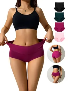 Women's Seamless Panties 4-Pack, Cute High-Waist Tummy Control Briefs with Anti-Roll Band, Cotton Lined for All Day Comfort Fit