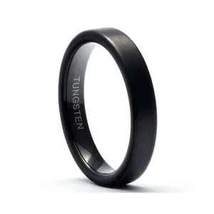 Brushed Black Tungsten Carbide Ring for Men, 4mm Flat Comfort Fit Wedding Band, Hypoallergenic and Engravable
