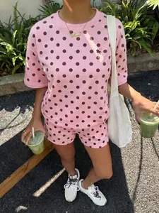 Women's 2-Piece Summer Pajama Set, Cartoon Print Round Neck Short Sleeve T-Shirt and Polka Dot Shorts, Casual Loose-Fit
