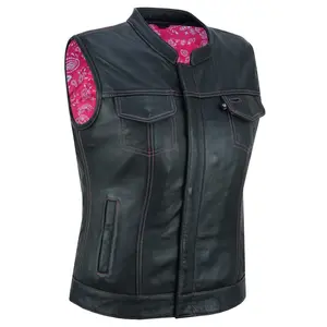 DANIEL SMART Orchid™ Women's Leather Motorcycle Vest - Jewel Soft Premium Drum Dyed Naked Cowhide with Pink Stitching & Paisley Liner