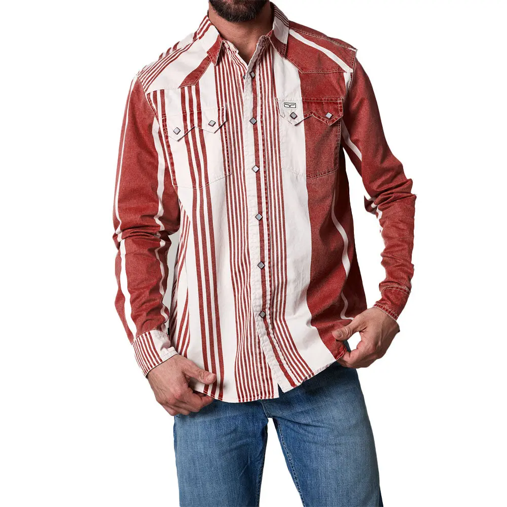 Men's Western Shirt, Vintage-Inspired Brick Stripe Snap-Up in 100% Cotton with Stylish Sawtooth Flap Pocket Design
