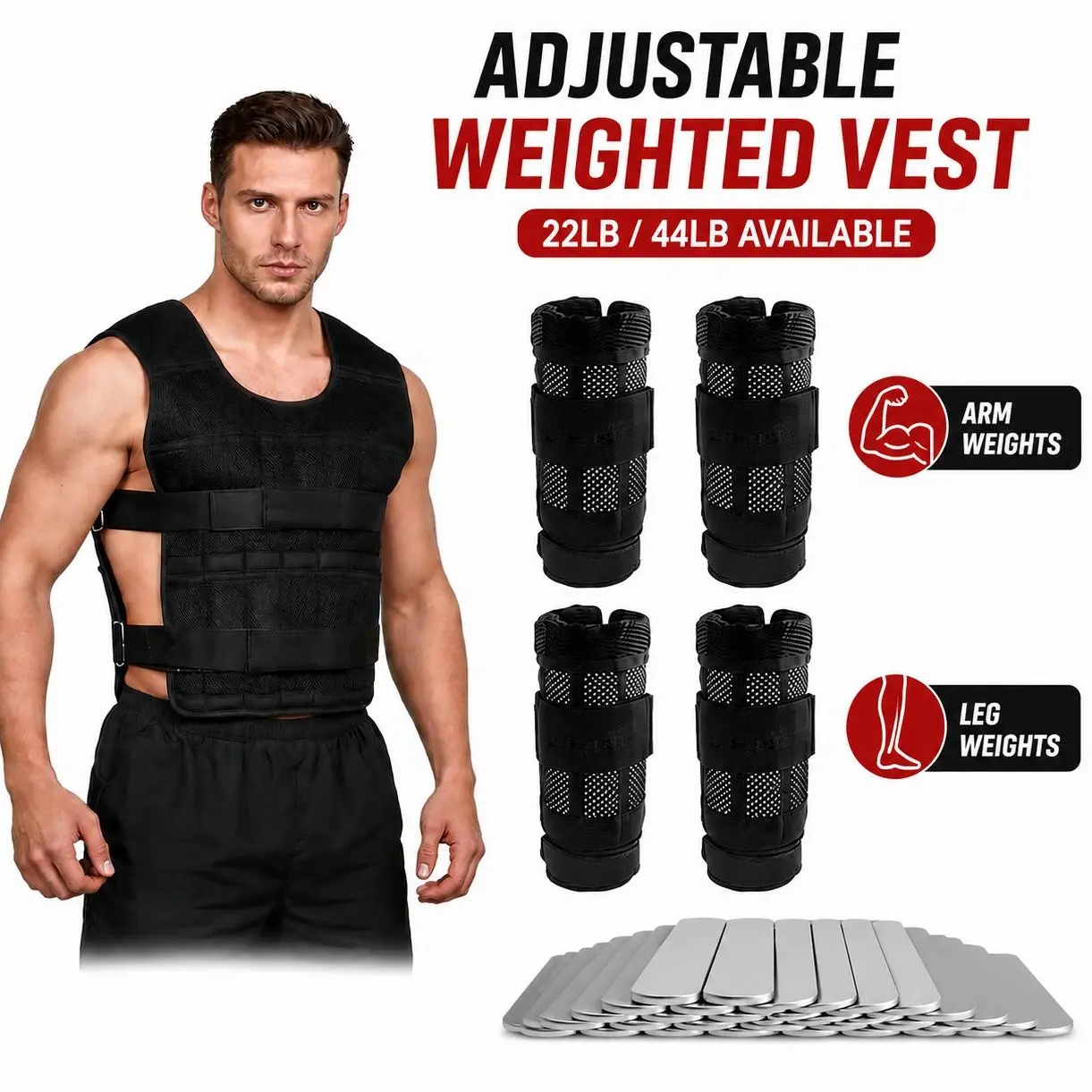 Adjustable Weighted Training Vest 22 - 44 LB for Men and Women for Strength Training HIIT Rucking Cardio Home Workouts with Steel Plates