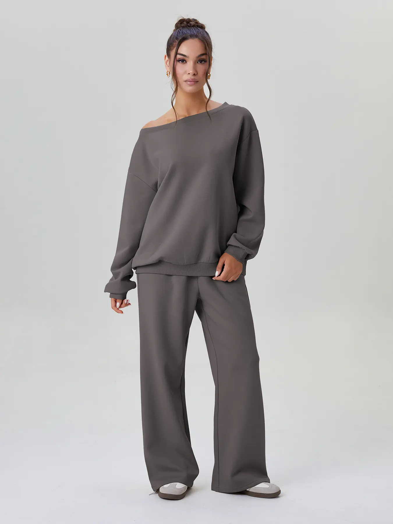 Women's Casual Plain Asymmetrical Neck Long Sleeve Top, Wide Leg Pants Set, Fashionable for Daily Wear, Comfortable Fit